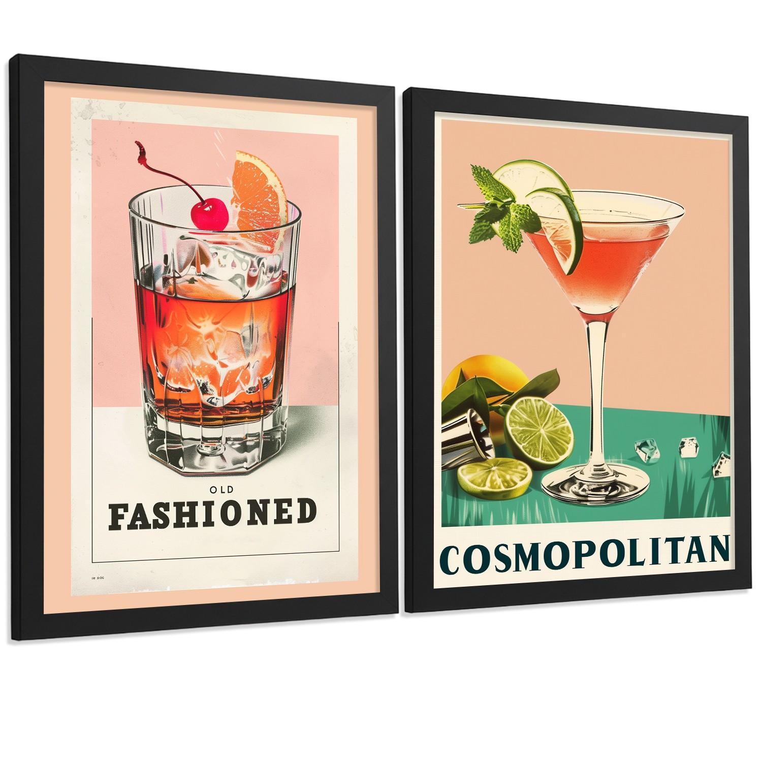 POSTER 2er Set Cocktail-Wandbilder Old Fashioned und Cosmopolitan Vintage Küche Bar Wanddeko Schwarzer Rahmen A4 - Schwarz, Papier (29.7/1/21cm) - Nacnic