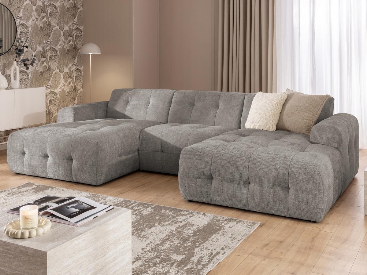 WOHNLANDSCHAFT Kozy im Bumpy-Design mit fester Rückenlehne aus weichem Taupe Chenille-Stoff - Taupe/Schwarz, Holz/Kunststoff (323/79/161cm) - S-Style