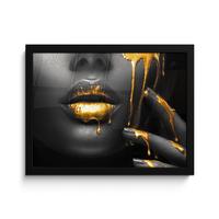 POSTER MIT RAHMENGERAHMTES BILD Frau - Schwarz - Gold - Gesicht - Lippen 40x30 cm - Goldfarben, Papier (40/30cm) - MuchoWow