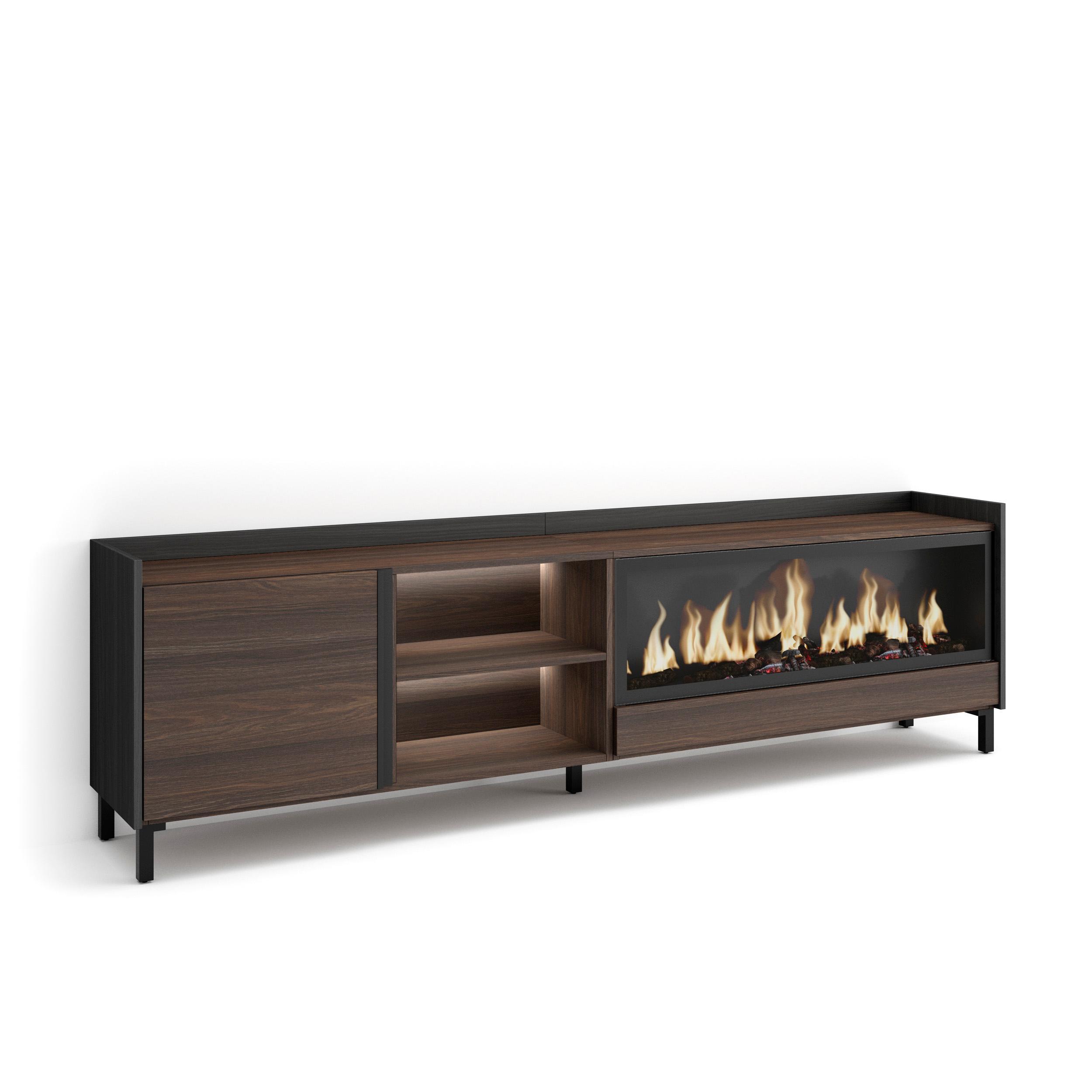 LOWBOARD, Eiche und Schwarz, 212/35/61cm, Kamin mit Feuereffekt XXL - Dunkelbraun, Holzwerkstoff (212/61/35cm) - Skraut Home