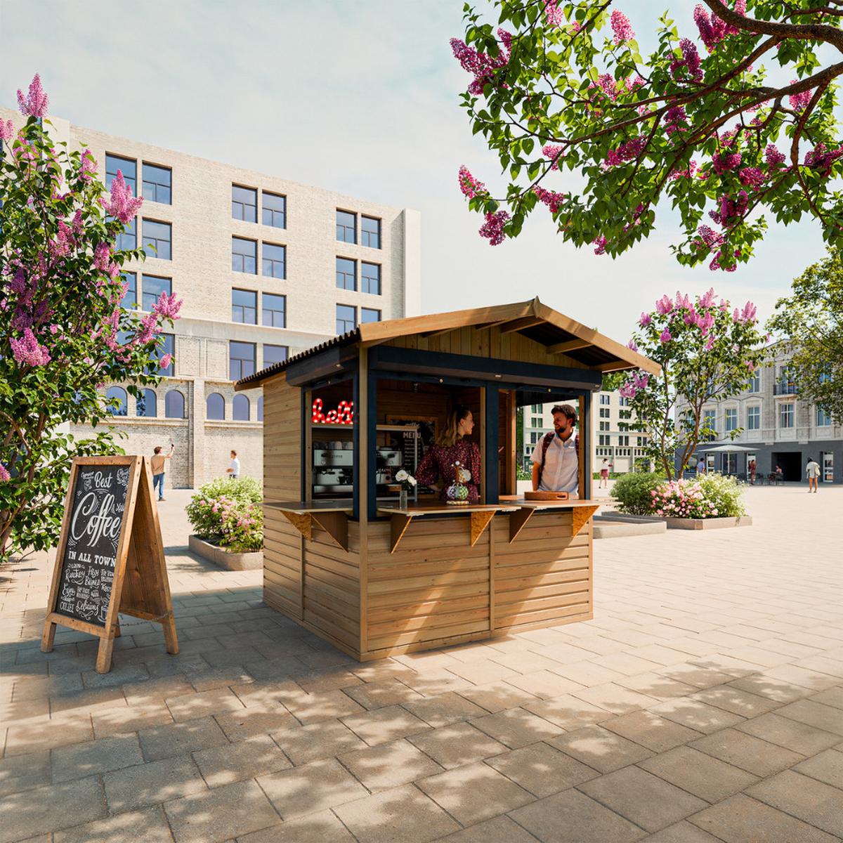 VERKAUFSSTAND aus Holz mit Rollläden 4 m², zerlegbarer Marktstand mit 4 abschließbaren Rollläden für Märkte und Events - Naturfarben, Holz (253/232/263cm) - Timbela