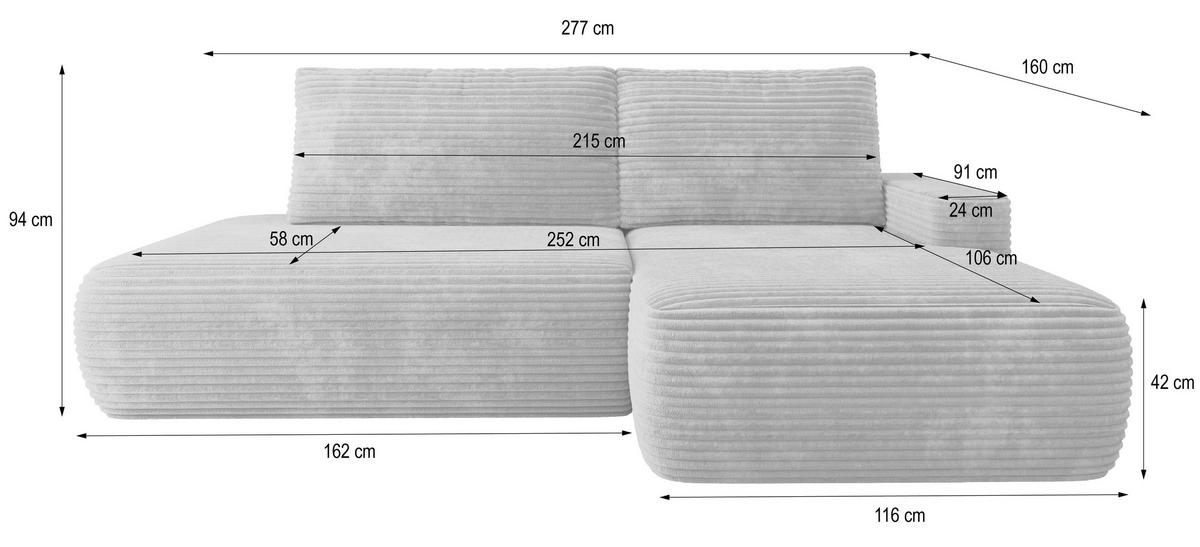 ECKSOFA AVINI T R-S Braun Kordstoff mit Schlaffunktion - Braun, Holzwerkstoff/Textil (277/160cm) - MASSENO