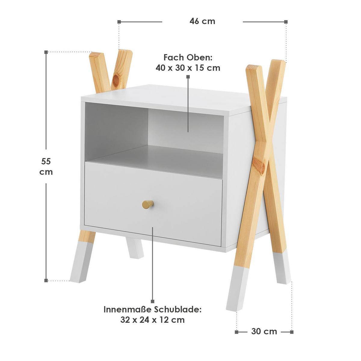 NACHTTISCH Jamie mit 1 Schublade Kinder - Weiß, Holz (30/55/46cm) - Juskys
