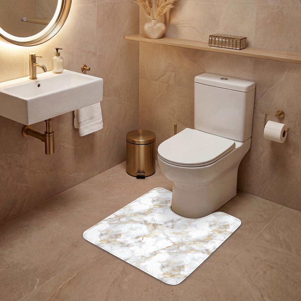 WC-VORLEGER Goldene Adern - Marmor - Weiß Toilettenvorleger 55x60 cm - Weiß, Textil (55/1cm) - OnlyWow