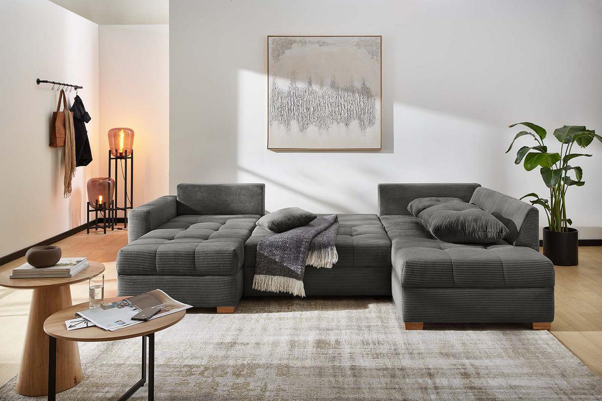 WOHNLANDSCHAFT mit Schlaffunktion und Bettkasten, spiegelverkehrt montierbar U-Form B313/T200/H92 cm, Cord Dunkelgrau / 15220 - Dunkelgrau/Eichefarben, Holz/Textil (313/92/200cm) - luma-home