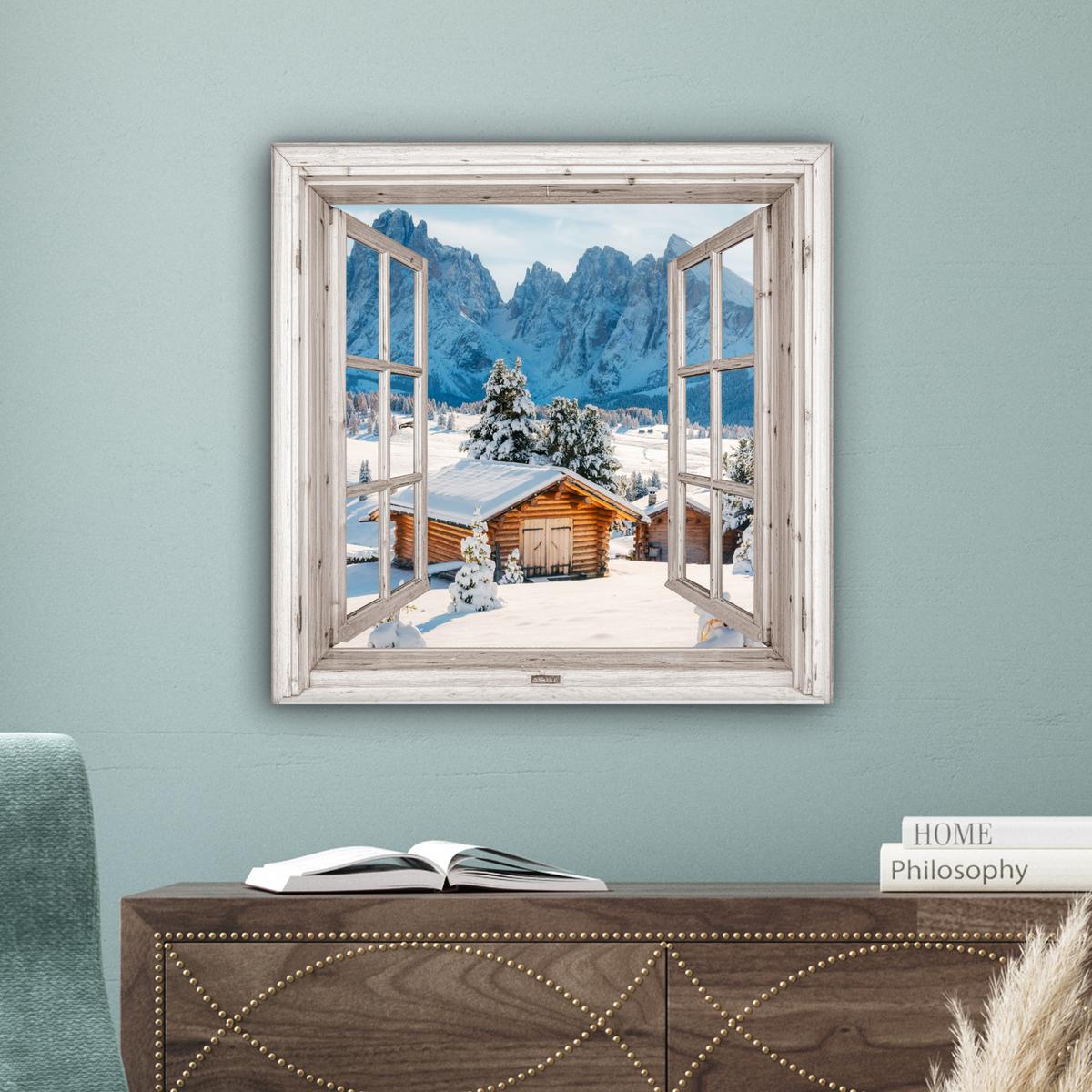 LEINWANDBILD Winterlandschaft - Hütte - Berge - Ausblicke - Aussicht - Natur Wandbild Wohnzimmer 50x50 cm - Weiß Hochglanz, Textil (50/50cm) - MuchoWow