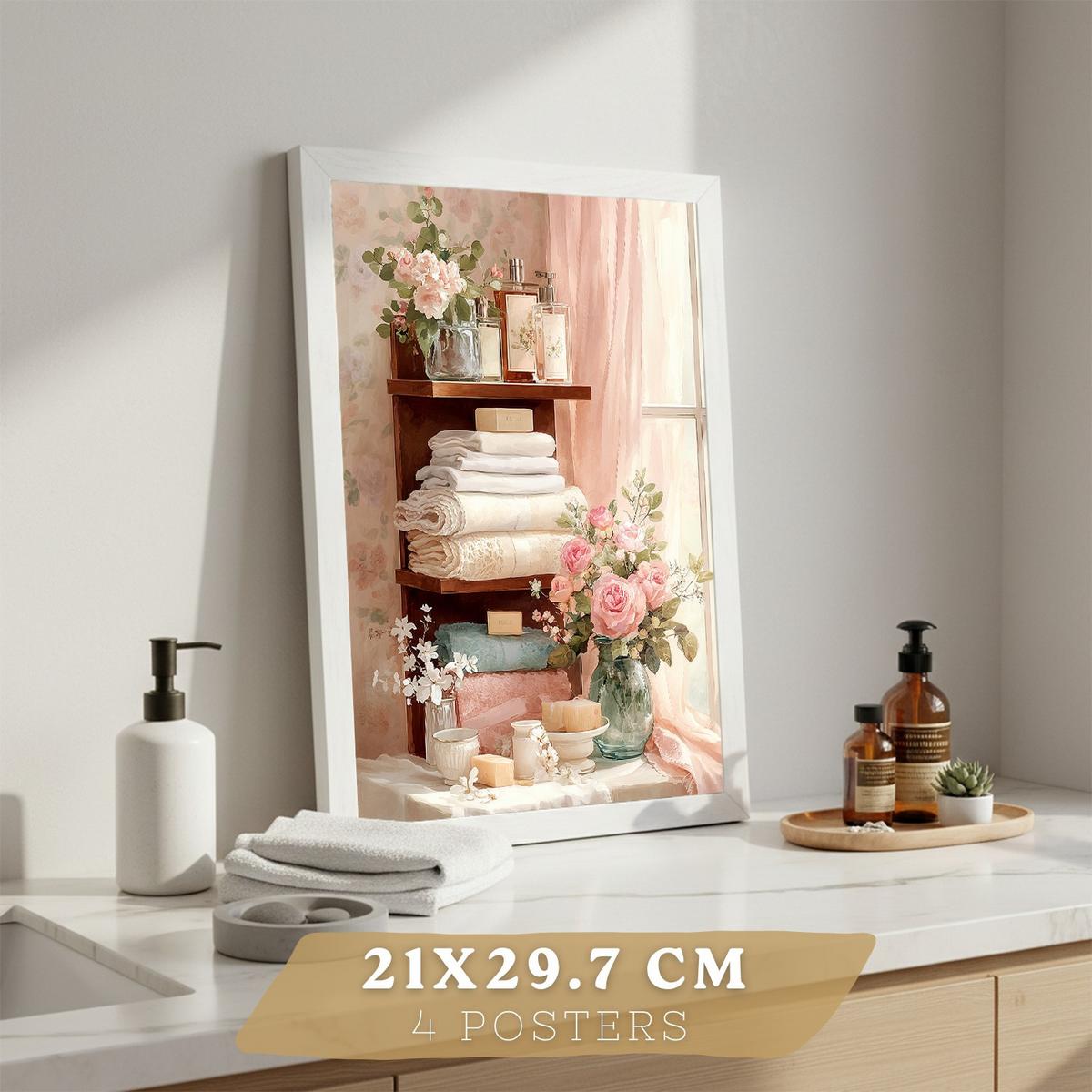 POSTER 4er-Set dekorative Badezimmerdrucke, romantischer Stil, Bilder mit Blumen, Parfums und Schminktisch, elegante, Wohndekoration Rahmenlos A4 - Klar, Papier (29.7/21/3cm) - Nacnic