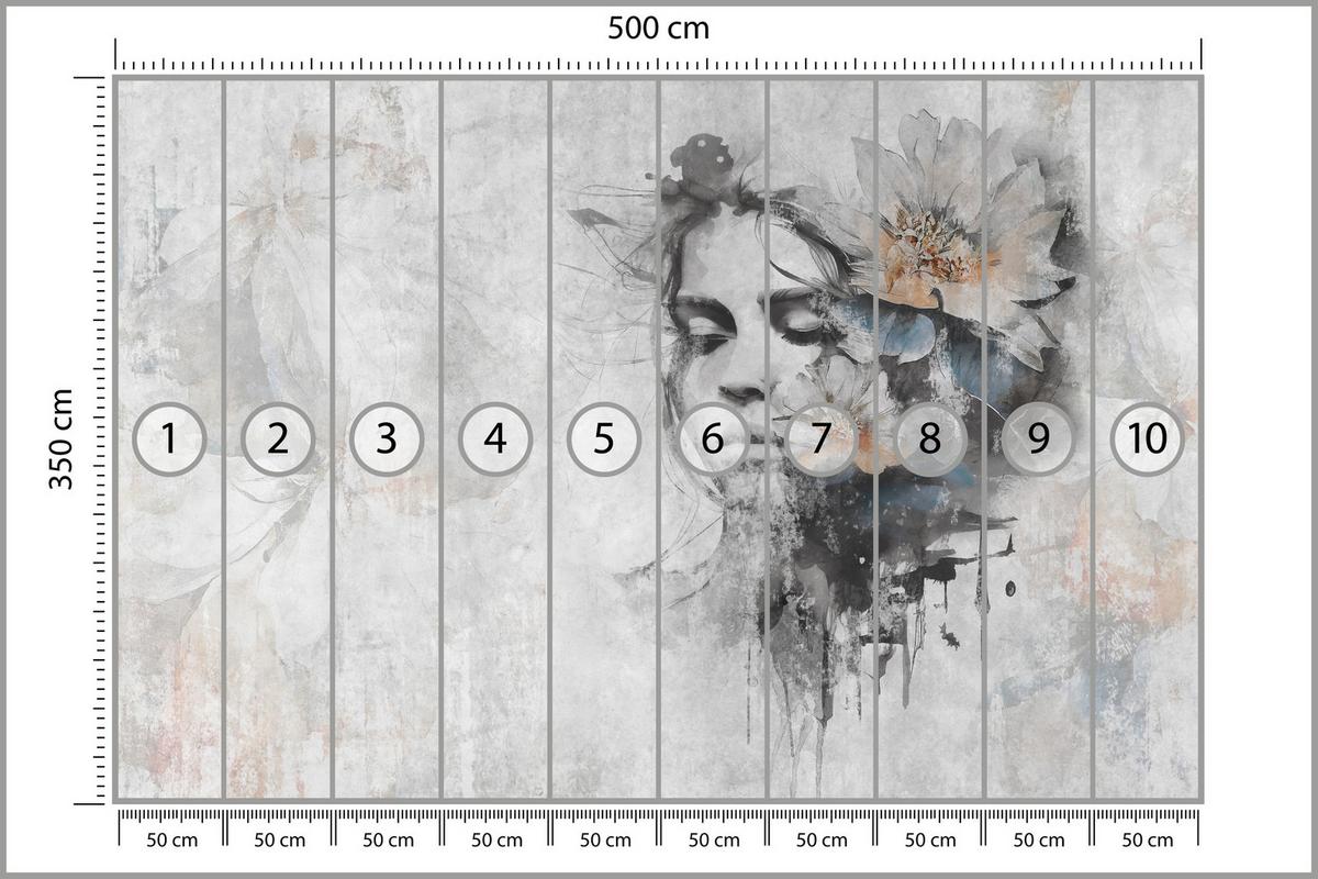 FOTOTAPETE für Wohnzimmer Gesicht Frau Grau Betonwand Blumen 500x350 - Grau, Papier (500/350cm) - Muralo