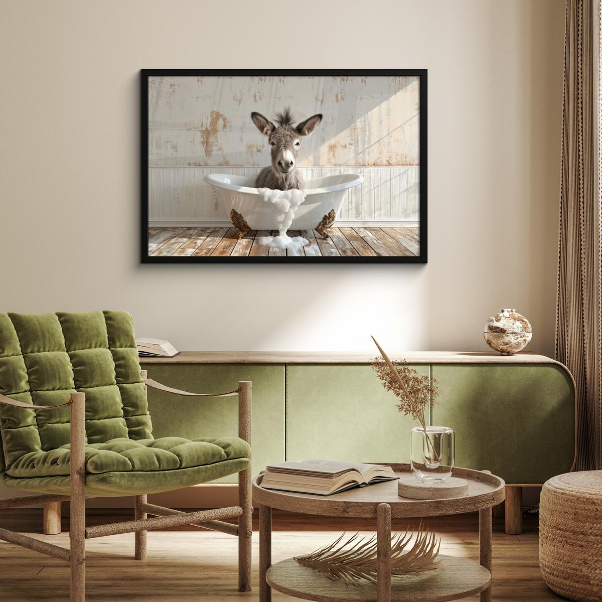 POSTER MIT RAHMENGERAHMTES BILD Esel - Tiere - Badewanne - Schaumstoff 90x60 cm - Weiß, Papier (90/60cm) - MuchoWow