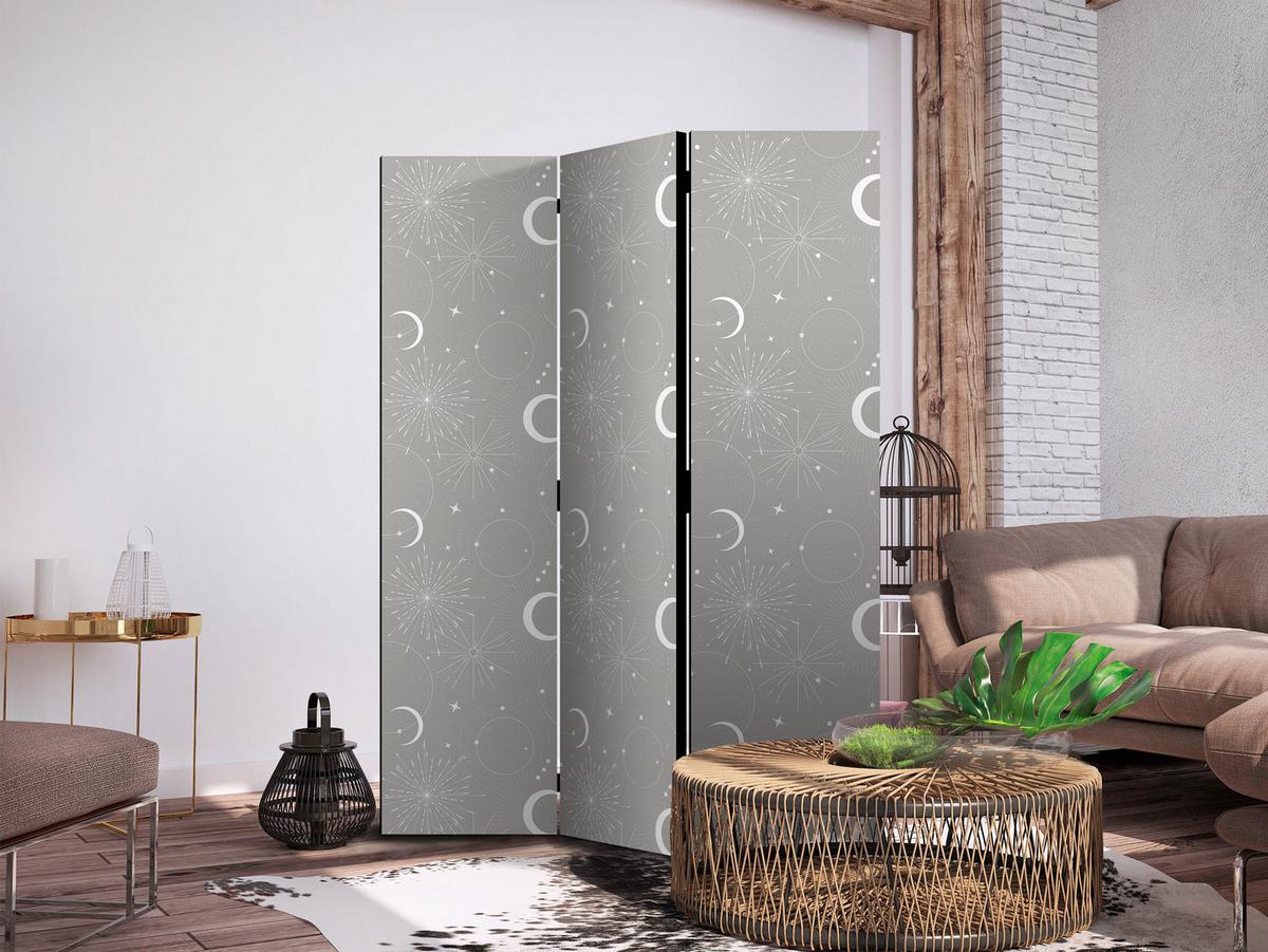 PARAVENT Einseitig Bedruckter 3-tlg 135x172 cm Mond Sterne Boho Stil - Grau, Holz/Textil (135/172/3cm) - Muralo
