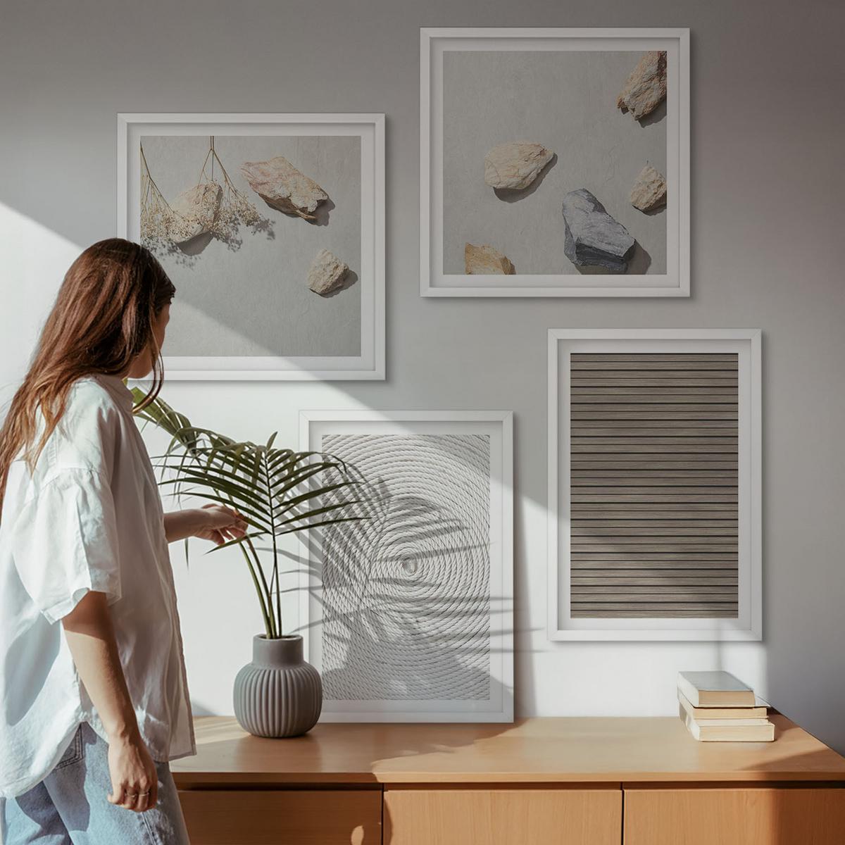 BILDER SET 4er Set - 50x50 cm & 40x60 cm Weißer Rahmen - Natürliche Texturen Holz Steine - Weiß, Kunststoff (50/50cm) - TULUP