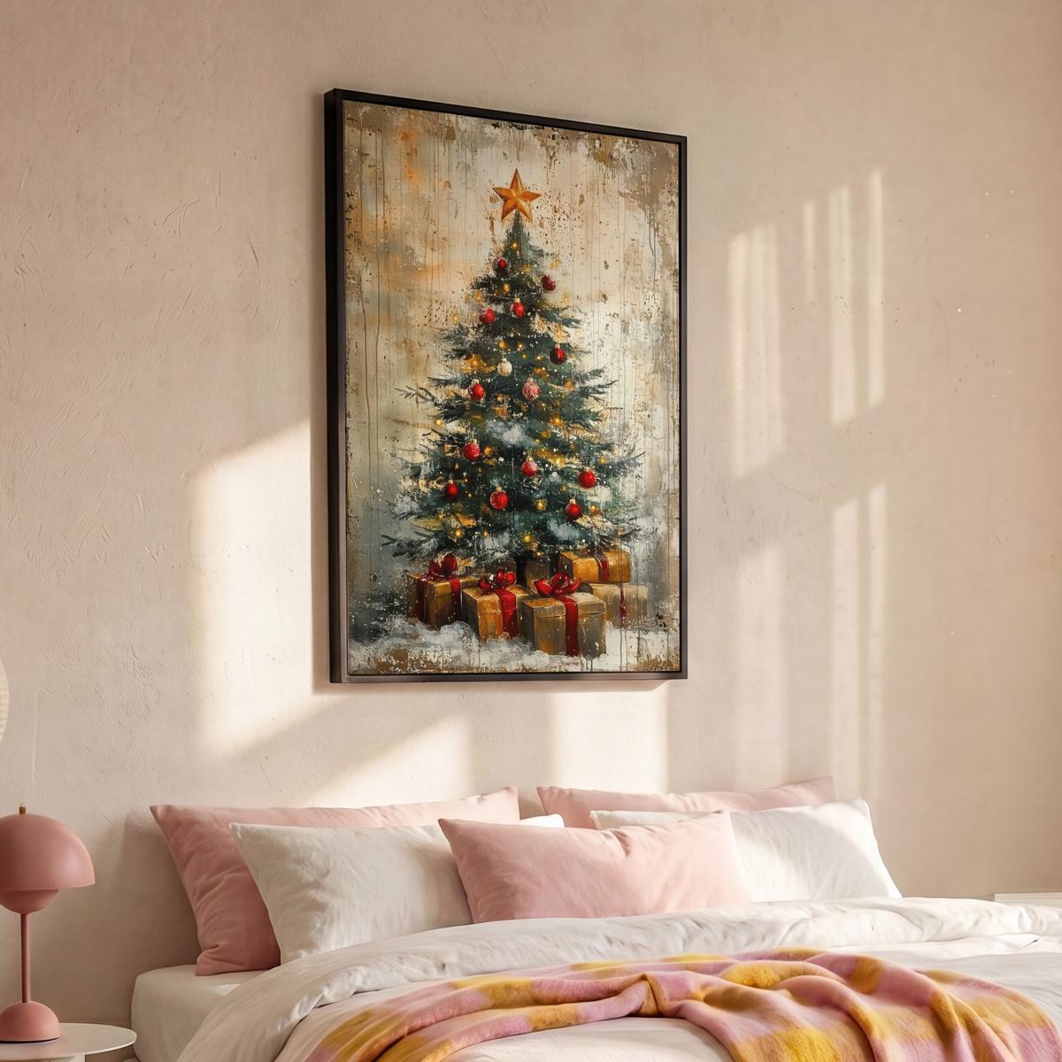 LEINWAND Bilder mit Rahmen - Weihnachtsbaum - Vintage - Weihnachten - Geschenk - 90x140 - Rostfarben, Textil (90/140cm) - MuchoWow