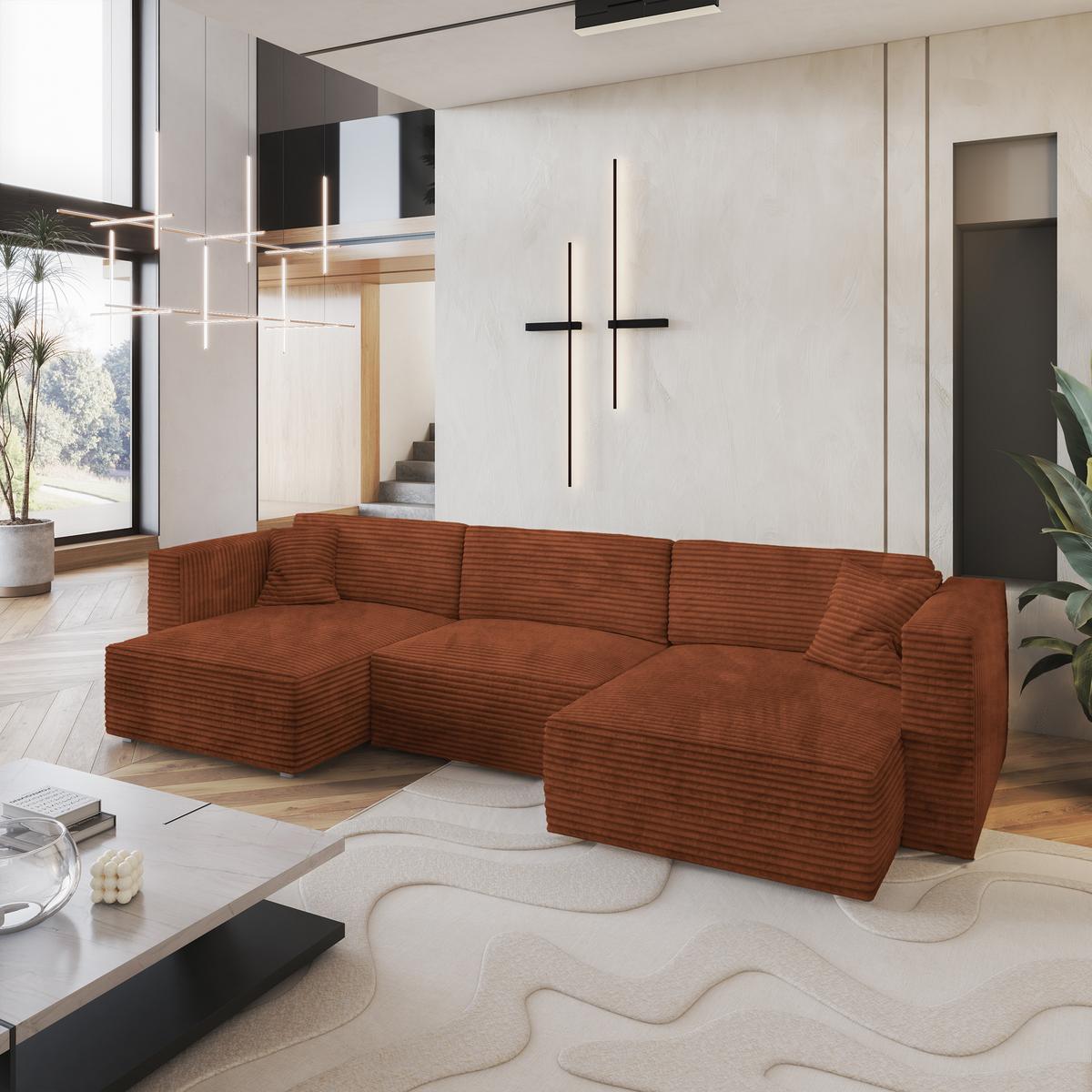 WOHNLANDSCHAFT SARMO Braun Kordstoff mit Schlaffunktion - Braun/Grau, Holz/Kunststoff (347/90/148cm) - MASSENO
