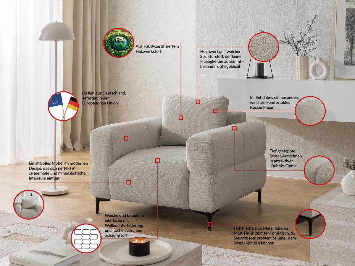 SESSEL Cardea in Bubble-Optik aus weichem Taupe Strukturstoff mit hohem Sitzkomfort - Taupe/Schwarz, Holz/Textil (102/80/97cm) - S-Style Möbel