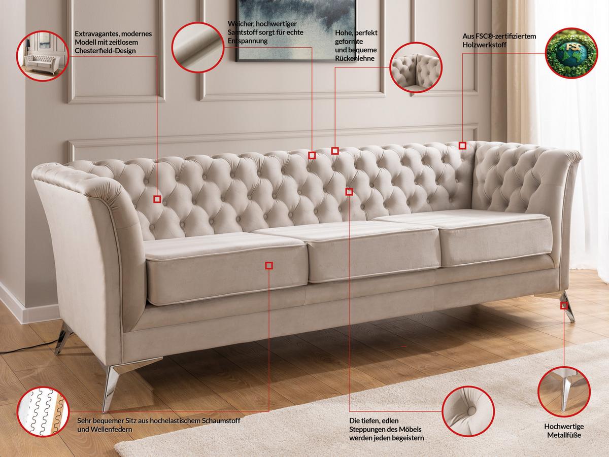 CHESTERFIELD-SOFA 3-sitzer Whitby Beige Samt mit silbernen Füßen - Beige/Silberfarben, Holz/Textil (237/78/82cm) - S-Style Möbel