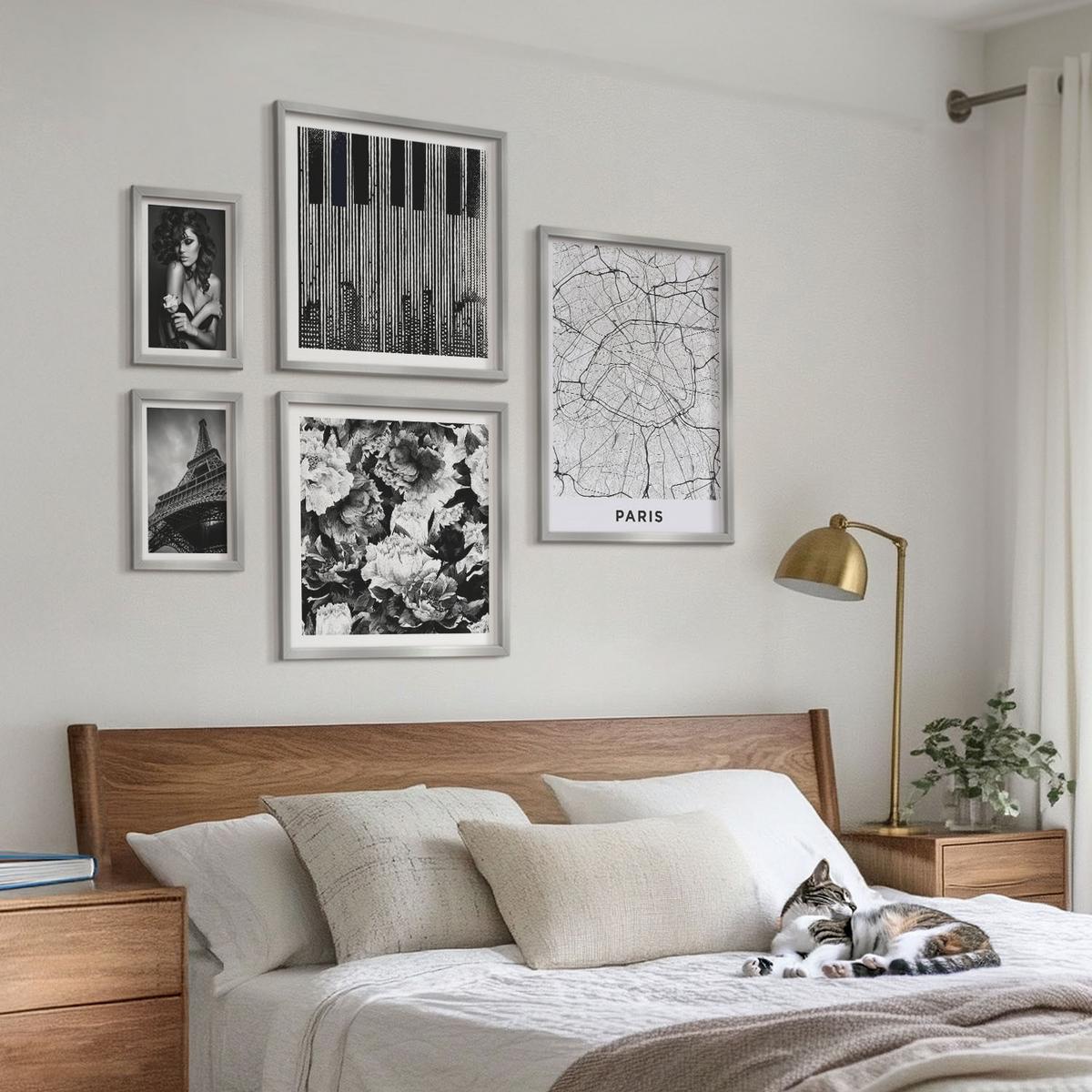 BILDER SET 5er Set - 50x50 cm & 20x30 cm & 40x60 cm Silberner Rahmen - Porträt einer Frau mit einer Eiffel-Rose - Silberfarben, Kunststoff (40/60cm) - TULUP