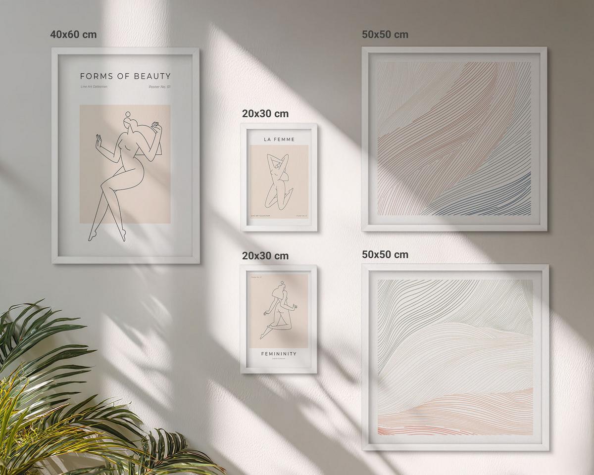 BILDER SET 5er Set - 50x50 cm & 20x30 cm & 40x60 cm Weißer Rahmen - Weibliche Silhouetten auf Plakaten - Weiß, Kunststoff (40/60cm) - TULUP