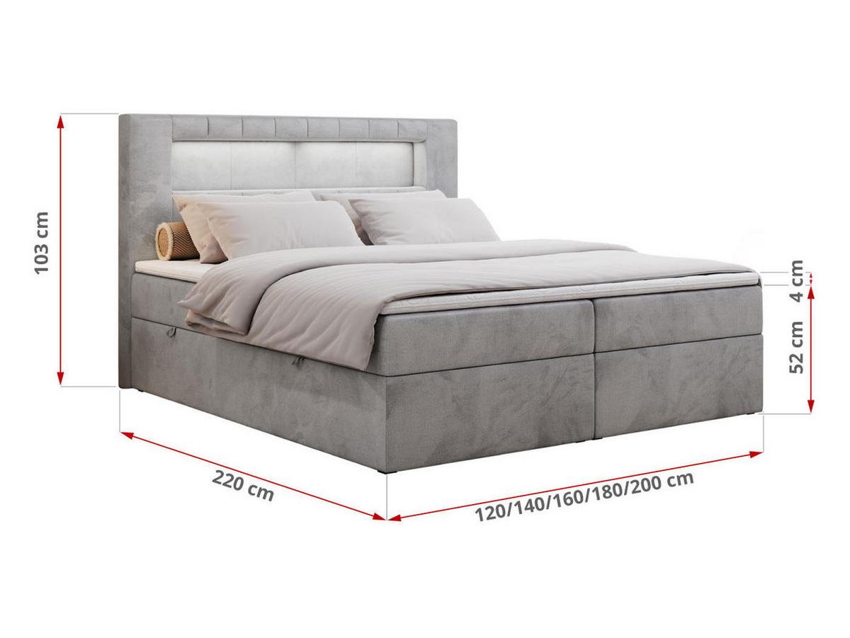 BOXBETT GOLD-5 LED 140/200 Hellgrau Velvet - H3 - Hellgrau, Holz/Textil (140/200cm) - MKS