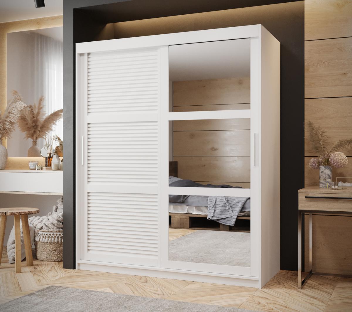 SCHWEBETÜRENSCHRANK 200/150/62 2-türig - Silberfarben/Weiß, Holz/Kunststoff (150/200/62cm) - MÖBEL KRYSPOL