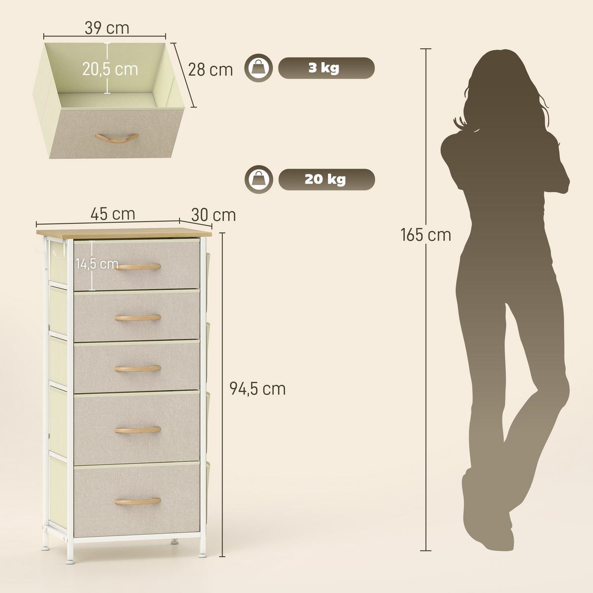 KOMMODE mit 5 Schubladen aus Vliesstoff Beige - Beige/Naturfarben, Holz/Textil (30/94.5/45cm) - HOMCOM