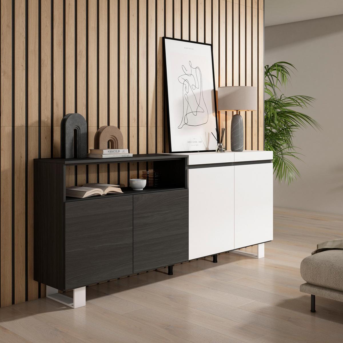 SIDEBOARD weiß und schwarz, 200/35/87cm - Multicolor, Holzwerkstoff (200/87/35cm) - Skraut Home