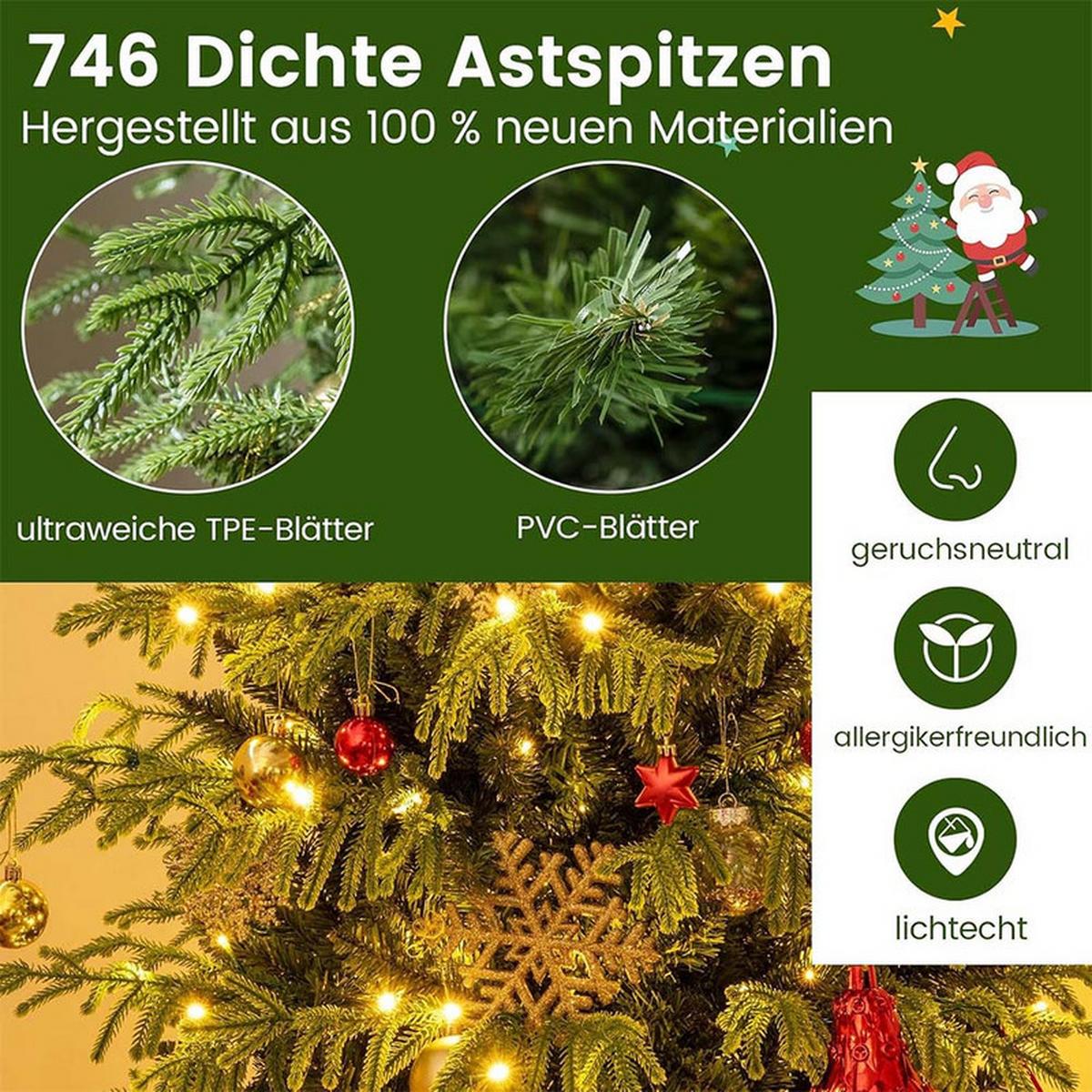 WEIHNACHTSBAUM mit 270 warmweißen LEDs 180cm Grün - Grün, Metall (180cm) - COSTWAY