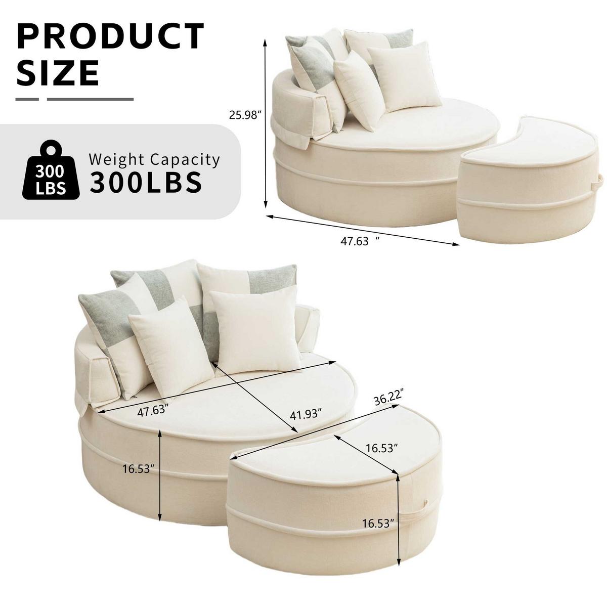 SESSEL Rundes Sofa mit Hocker & 5 Kissen Chenille Beige - Beige, Textil (163/66/121cm) - Urban Meuble