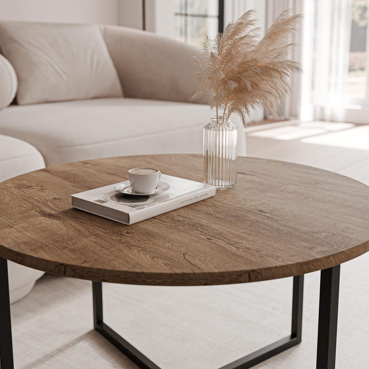 COUCHTISCH BESARO 75/47 cm runden, Schwarz / Lefkas-Eiche - Schwarz/Eiche San Remo, Metall (75/75/47cm) - Idohome