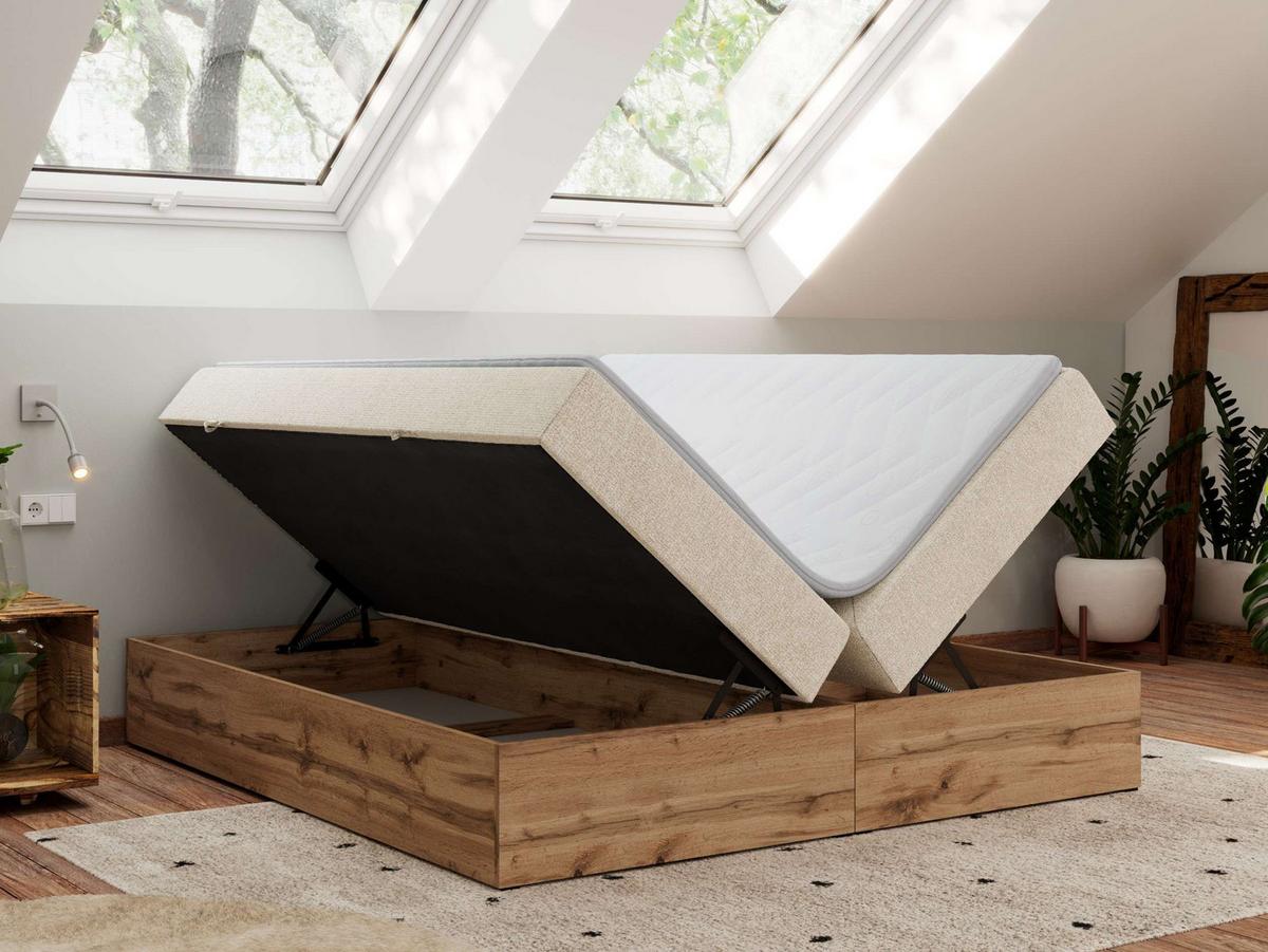 BOXBETT WOOD ZERO 160/200 - Creme Struktur - H4 - Topper Visco - Creme, Textil (160/200cm) - MKS