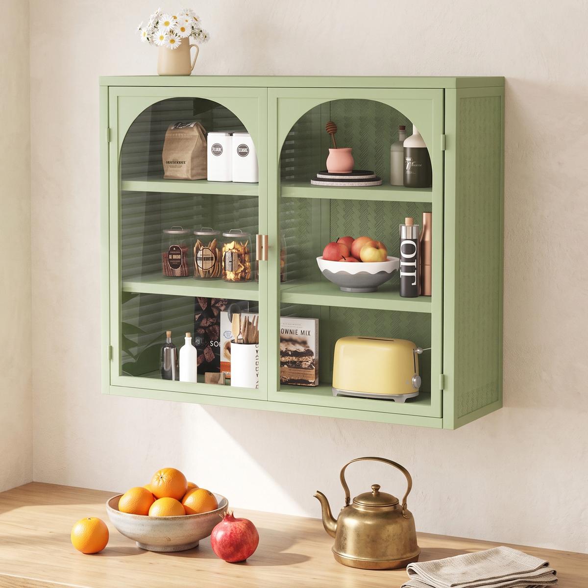 WANDSCHRANK Metall & Glas 2 Türen mit 3 Ebenen & Webmuster Grün 70cm - Grün, Metall (70/60/23cm) - Urban Meuble
