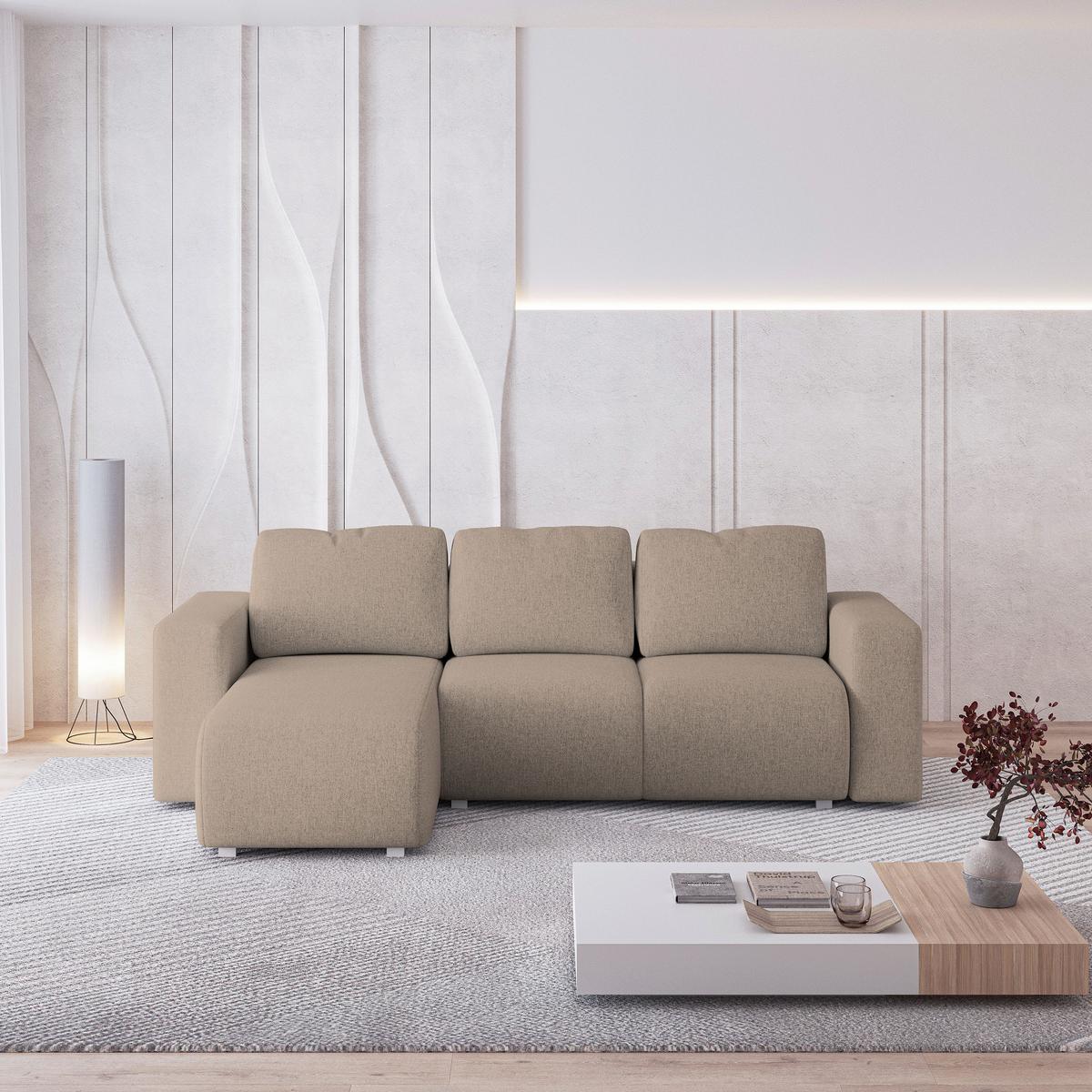 ECKSOFA RINOVA Beige Geflochtener Stoff mit Schlaffunktion - Beige, Holz (250/143cm) - MASSENO