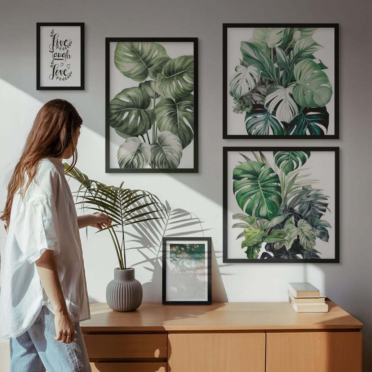 BILDER SET 5er Set - 50x50 cm & 20x30 cm & 40x60 cm Schwarzer Rahmen - Blattpflanzen leben, lachen, lieben - Schwarz, Kunststoff (40/60cm) - TULUP