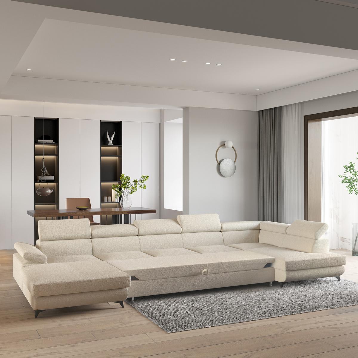 WOHNLANDSCHAFT MONTIVA Creme Boucle-Stoff mit Schlaffunktion - Creme, Holz (410/89/190cm) - MASSENO