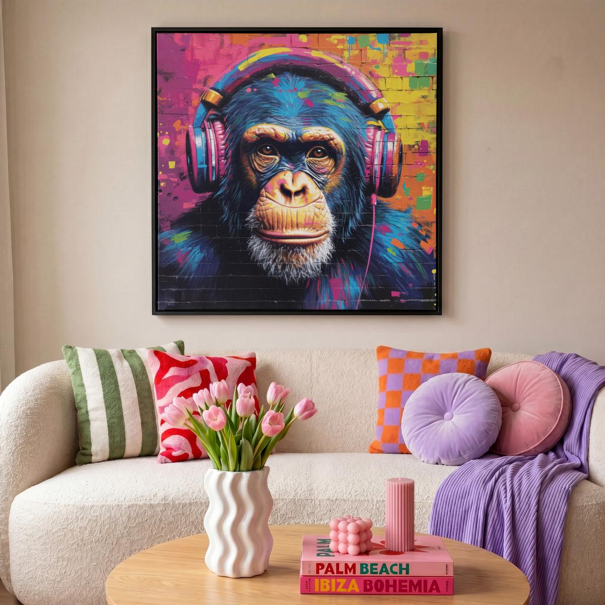 LEINWAND Bilder mit Rahmen - Graffiti - Schimpanse - Straßenkunst - Kopfhörer - Affe - 90x90 - Blau, Textil (90/90cm) - MuchoWow