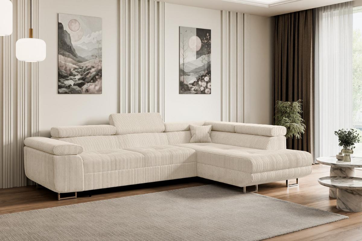 ECKSOFA mit Schlaffunktion und Bettkasten GUSA-L 272x202x107 cm Beige Cord - Beige/Silberfarben, Holzwerkstoff/Textil (272/202cm) - ALTDECOR