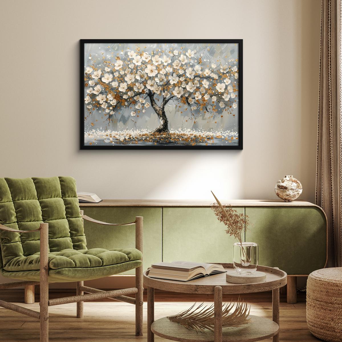 POSTER MIT RAHMENGERAHMTES BILD Baum - Blumen - Weiß - Natur - Kunst 90x60 cm - Weiß, Papier (90/60cm) - MuchoWow