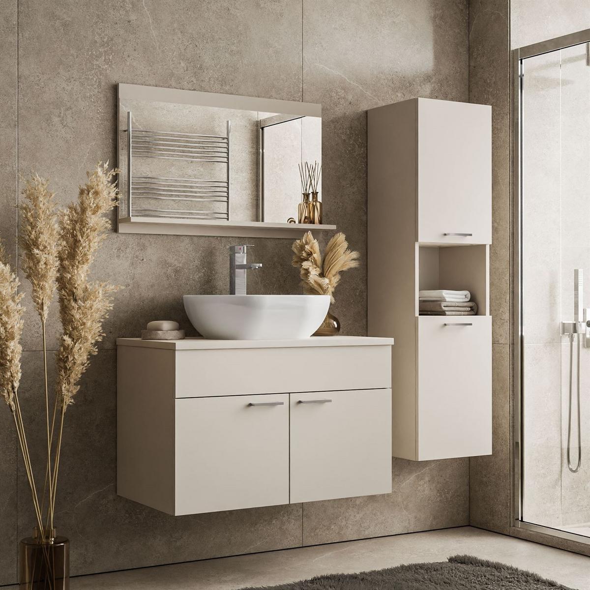 BADMÖBEL-SET LUMIRE Kaschmir Matt mit Spiegel - Beige, Holzwerkstoff (80/52/46cm) - Lookway