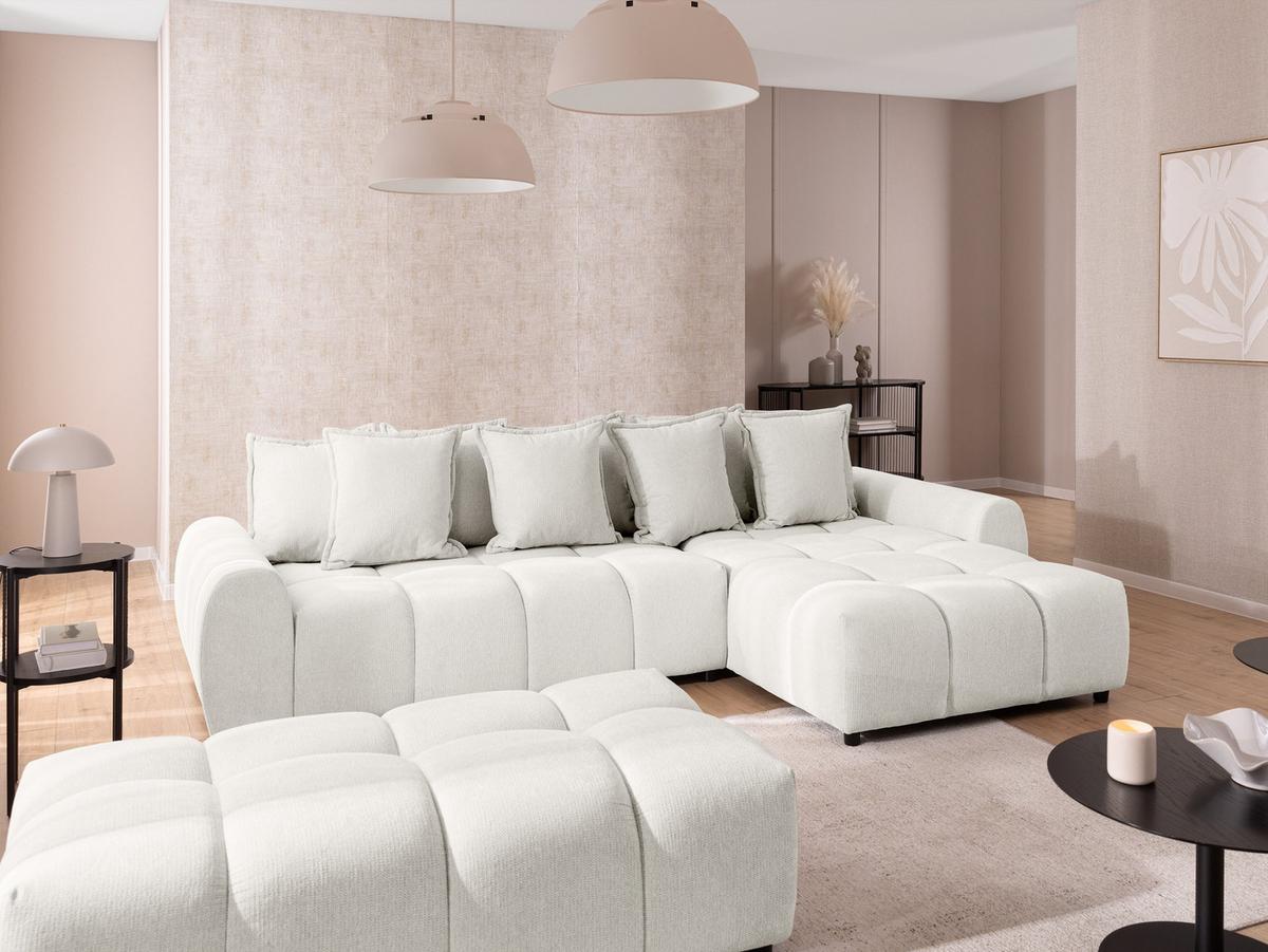 ECKSOFA inkl. Hocker Bubble mit Schlaffunktion und losen Rückenkissen, Sitzfläche in Bubble-Optik aus weichem Creme Strukturstoff - Ottomane Rechts - Creme/Schwarz, Holz/Kunststoff (306/180cm) - S-Style Möbel