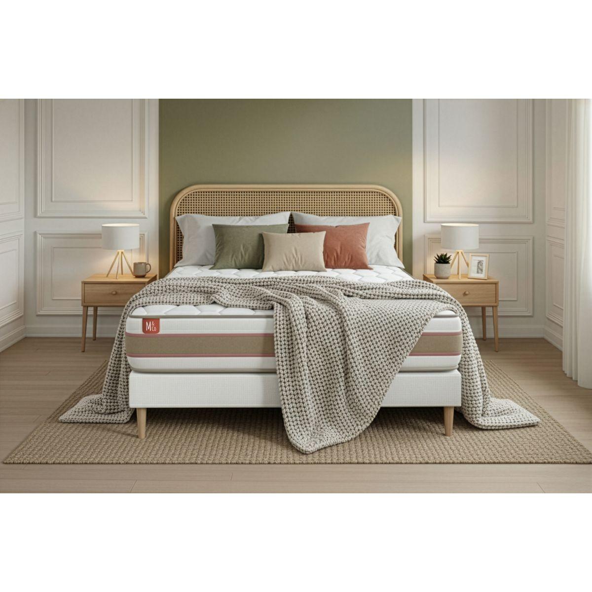 BETT Le Délicat Taschenfederkern und Memory-Schaum 160 x 200 cm h1 - Kit Bettgestell Weiß - Mit Kissen und Bettdecke - Beige/Weiß, Karton/Holz (160/200cm) - Marmottes & Co
