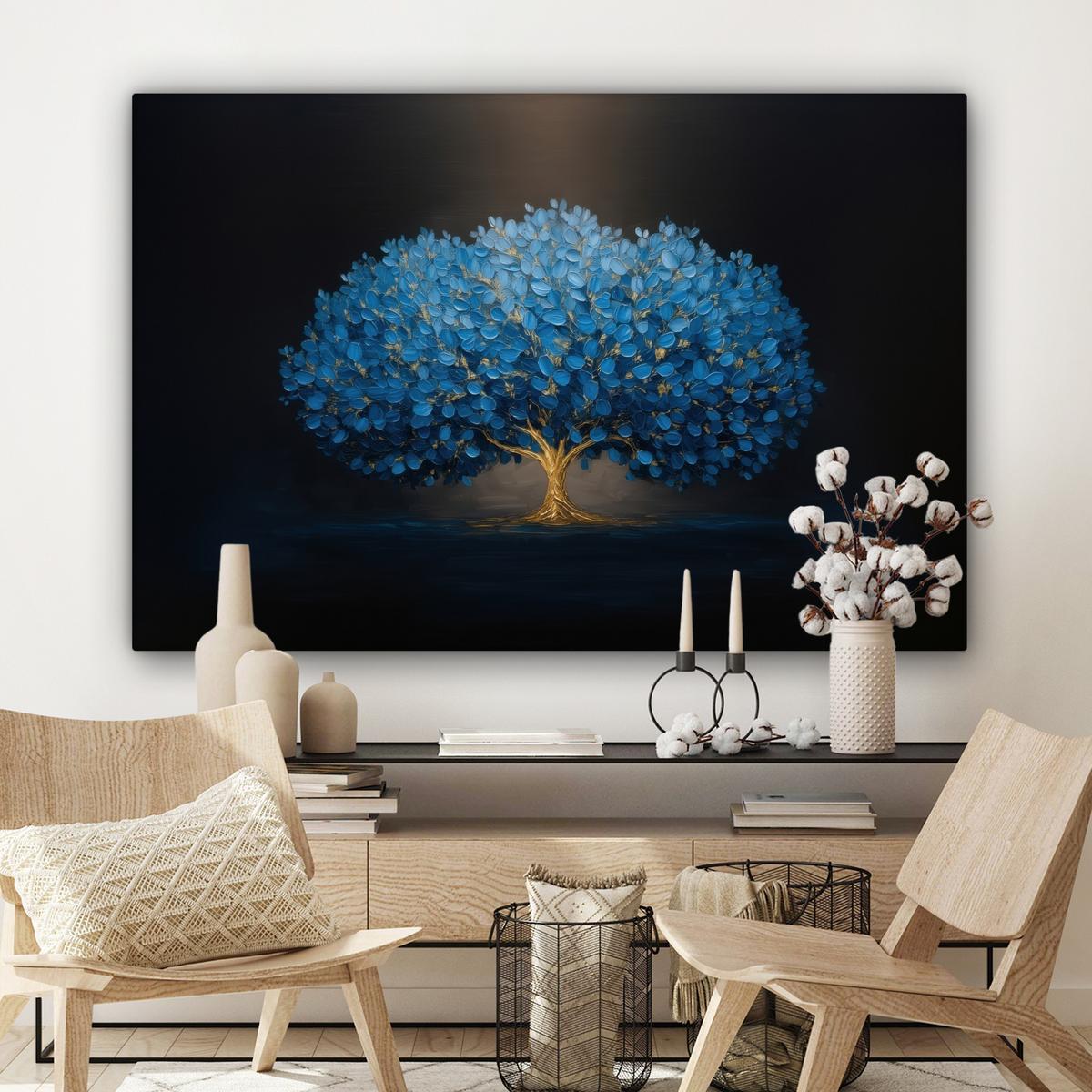 LEINWANDBILD Baum - Blau - Blätter - Pinselstriche Groß 140x90 cm - Blau, Textil (140/90cm) - MuchoWow