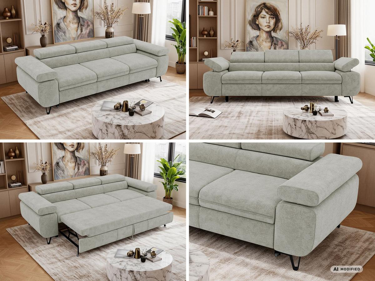 3-SITZER SOFA PETER mit Schlaffunktion - Hellgrau Stukture - Hellgrau/Schwarz, Textil/Metall (262/76/99cm) - MKS