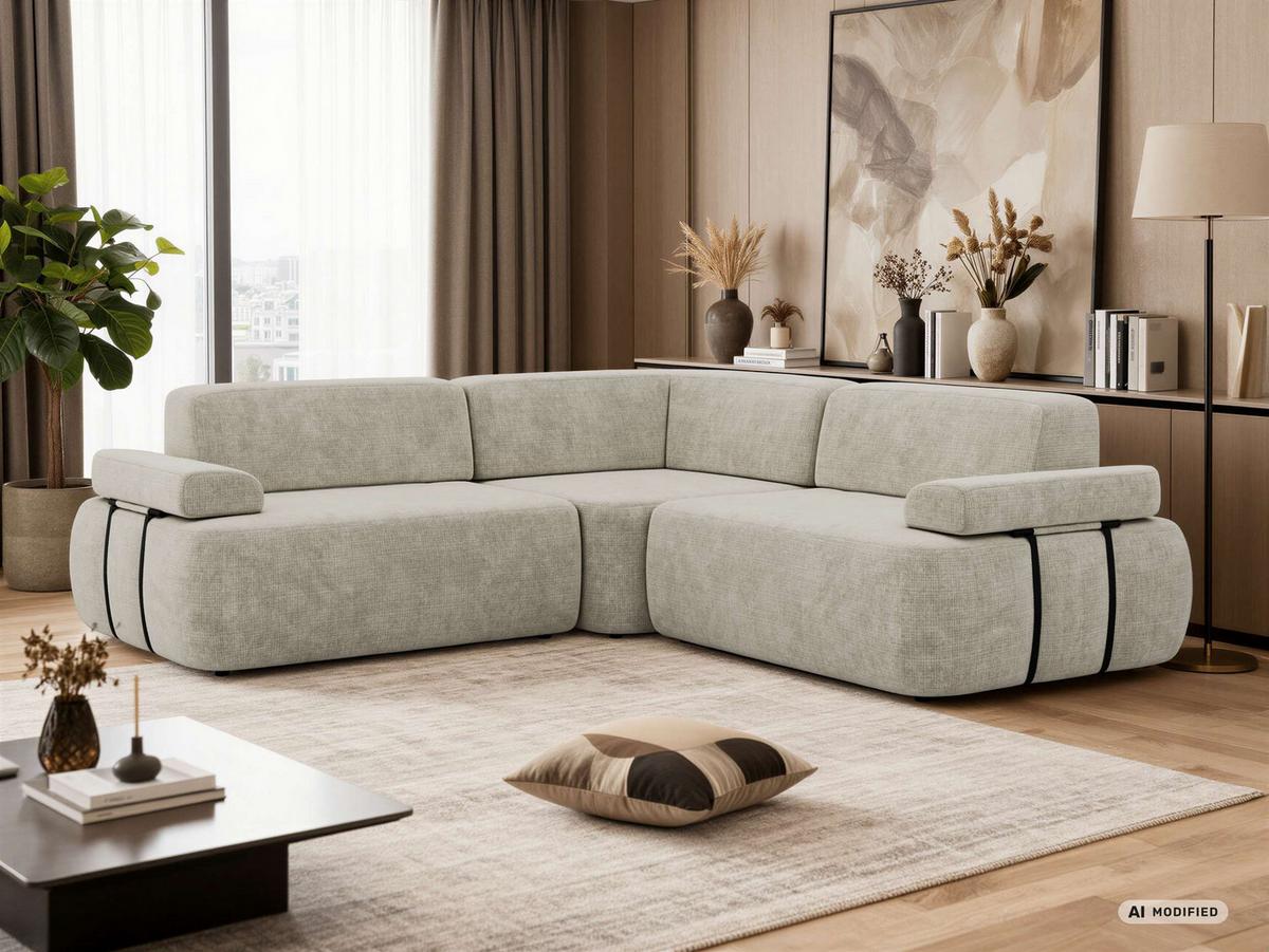 ECKSOFA MIREO L - Creme Schenille grob gewebt - Creme/Schwarz, Kunststoff/Textil (257/257cm) - MKS