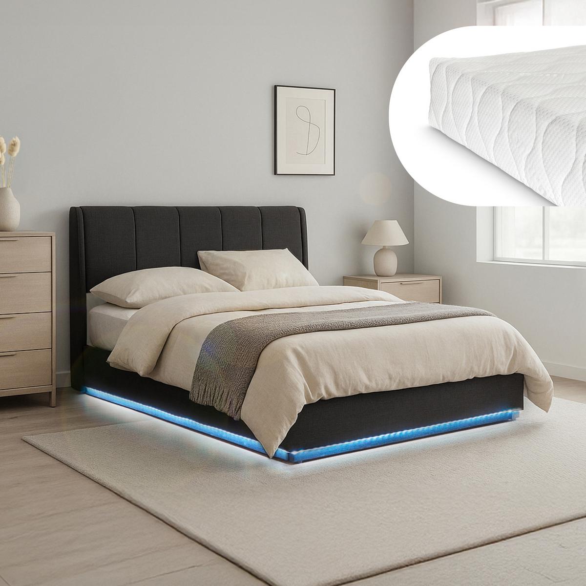 LED POLSTERBETT Tröstiar mit Matratze - Schwarz, Holzwerkstoff/Kunststoff (140/200cm) - [en.casa]