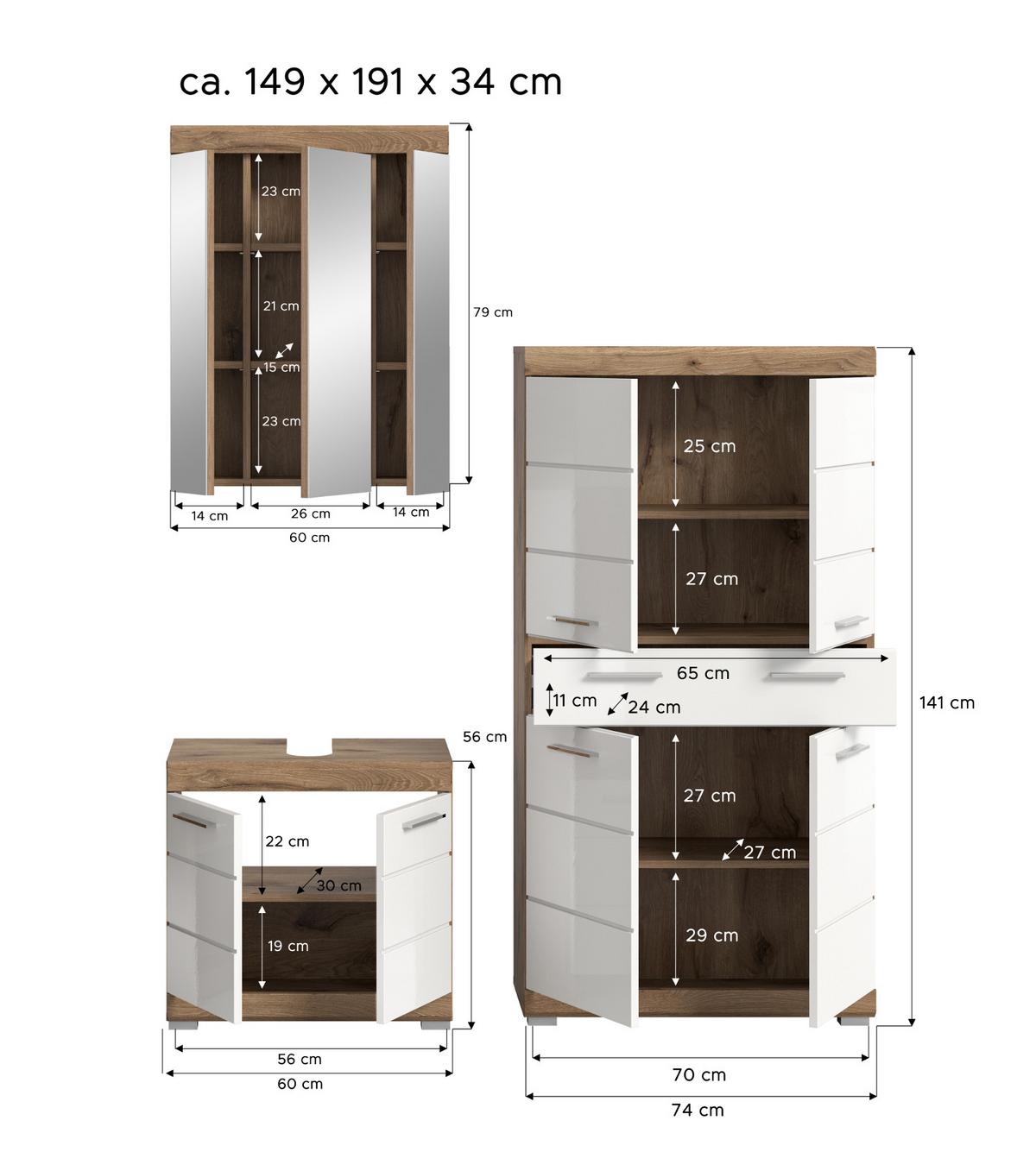 BADMÖBEL-SET weiß Hochglanz, Eiche 3-teilig 149 cm mit viel Stauraum - Weiß Hochglanz/Eichefarben, Glas/Holzwerkstoff (149/191/34cm) - Inn.Furn