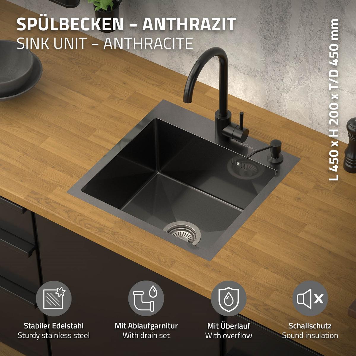 SPÜLBECKEN aus Edelstahl 45x45 cm Anthrazit mit Siphon Küchenspüle eckig - Anthrazit, Metall (45/19/45cm) - ML-DESIGN
