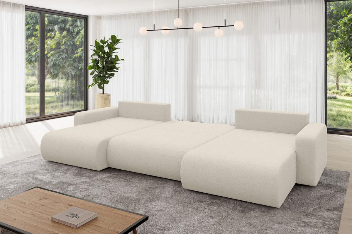 WOHNLANDSCHAFT mit Schlaffunktion und Bettkasten BERY-U 377x193x88 Beige Bouclé - Sandfarben/Beige, Holzwerkstoff/Kunststoff (377/88/193cm) - ALTDECOR