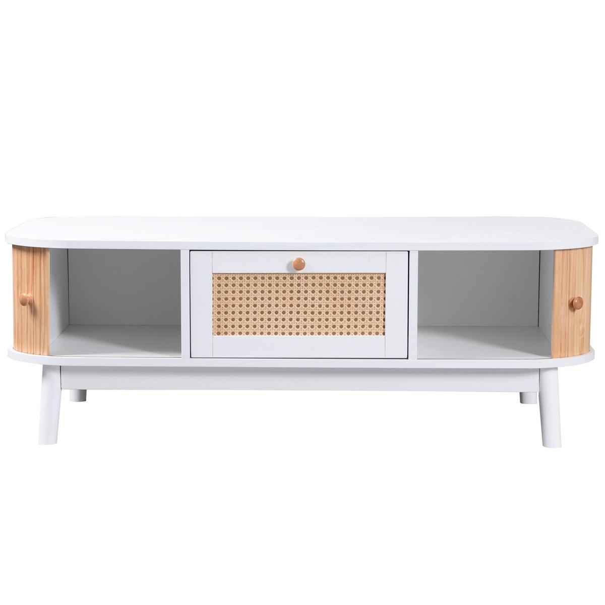 COUCHTISCH weiß & holz-optik mit rattan-schublade & massivholz-schiebetüren - Weiß, Holzwerkstoff (55/110/38.5cm) - Urban Meuble