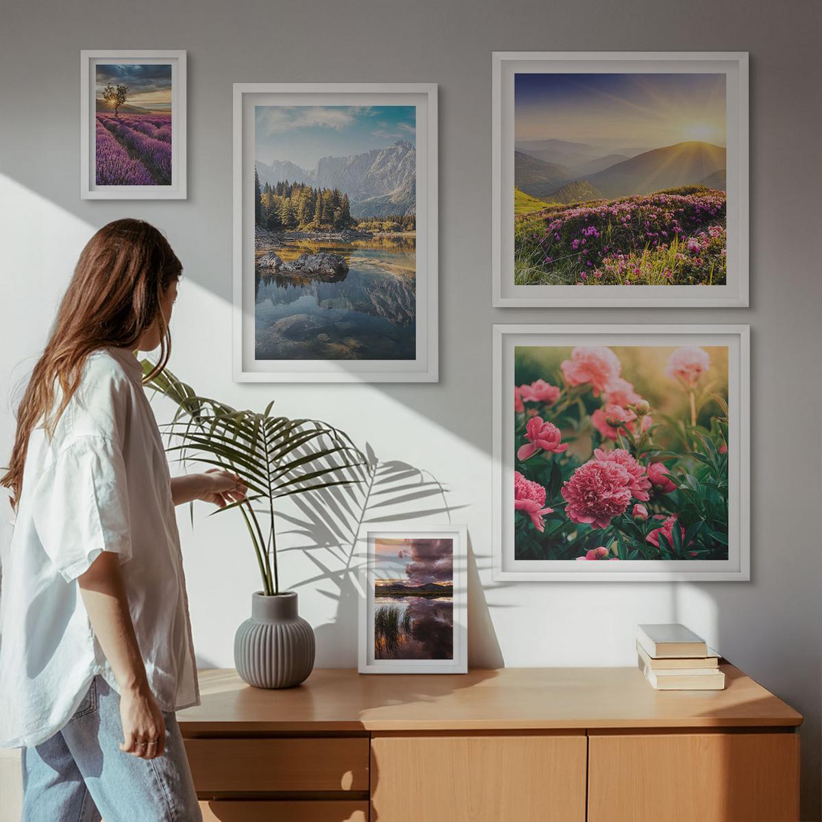 BILDER SET 5er Set - 50x50 cm & 20x30 cm & 40x60 cm Weißer Rahmen - Blumengarten, Bergwiese, Wasser - Weiß, Kunststoff (40/60cm) - TULUP