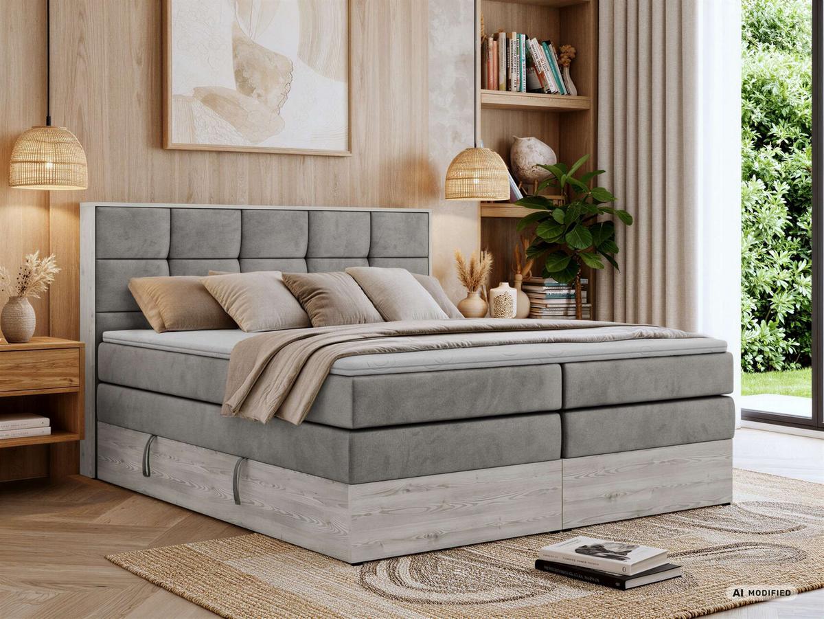 BOXSPRINGBETT ALNOR KING 140/200 - Hellgrau Velvet - Topper Visco - H4 - Hellgrau/Schwarz, Kunststoff/Textil (140/200cm) - MKS