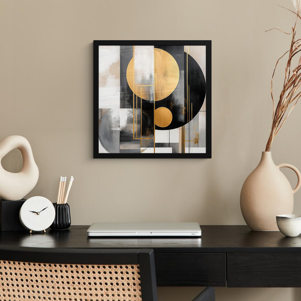 POSTER MIT RAHMENGERAHMTES BILD Abstrakt - Gold - Silber - Formen - Ästhetisch - Modern 40x40 cm - Goldfarben, Papier (40/40cm) - MuchoWow